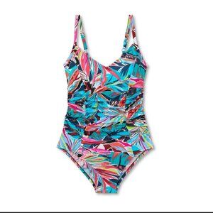 Aqua Green Swimwear Women's Tropical Print One Piece UPF50 Shirred V-Neck Sz:M